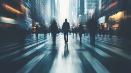 a blurry photo of a man walking down a street in a city at night time with people walking around