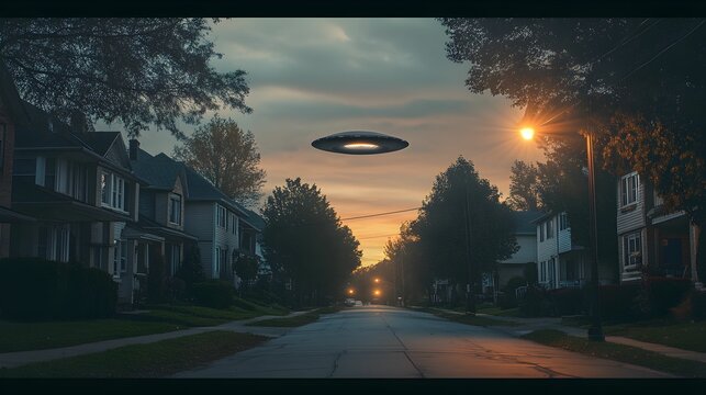 Mysterious flying object hovering above suburban neighborhood at dusk
