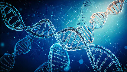 Stunning abstract image of DNA strands, rendered in vibrant blue hues against a dark blue network background.