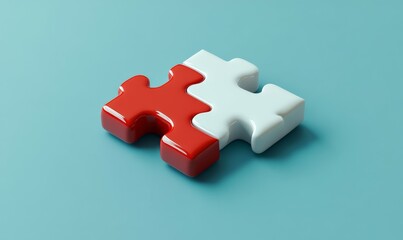Obraz premium Puzzle with red and white pieces is shown on a blue background. The puzzle is made up of two pieces, one red and one white