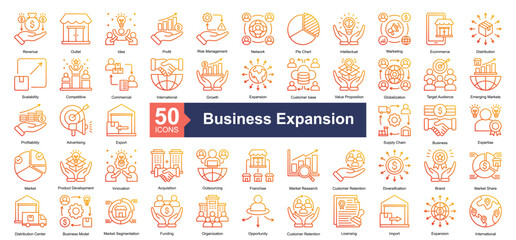 Business Expansion icon collection set. Containing Revenue, Outlet, Idea, Profit, Risk Management, Network, Pie Chart, Intellectual, Marketing icon. Simple outline gradient illustration.	
