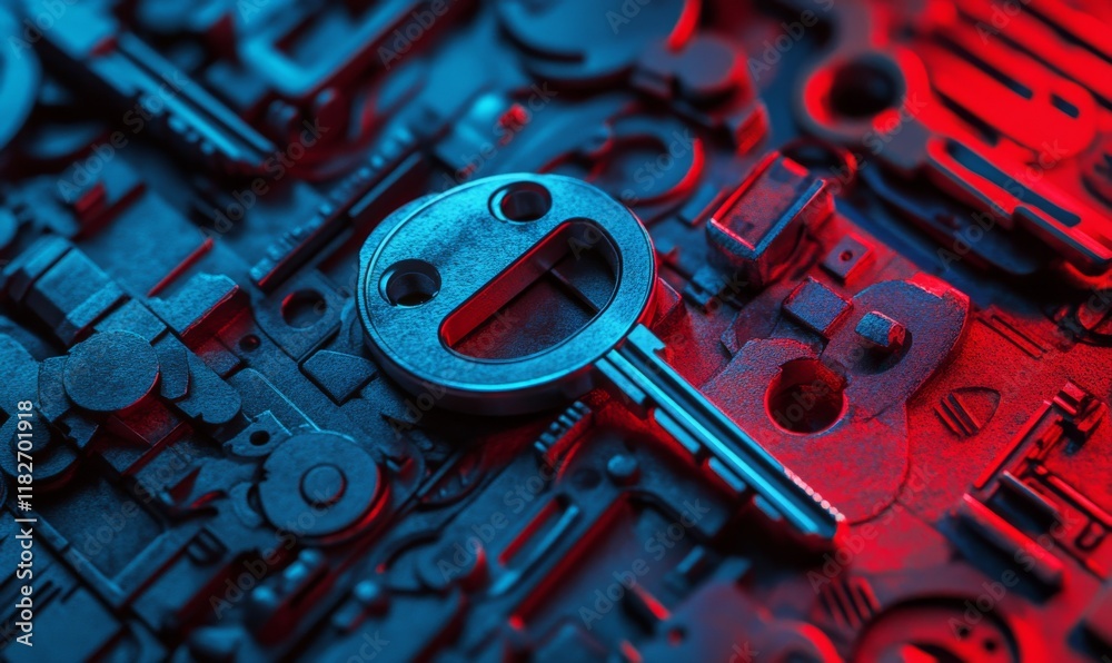 Wall mural red and blue image of a lock with a key on it. the lock is surrounded by a lot of other locks and ke