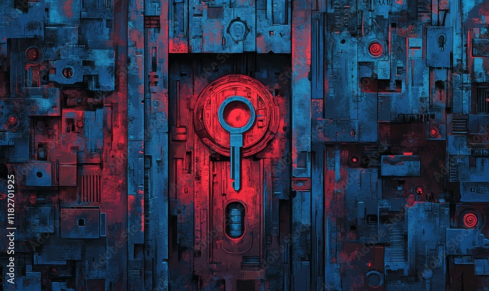 Wall mural red and blue image of a lock with a key on it. the lock is surrounded by a lot of other locks and ke