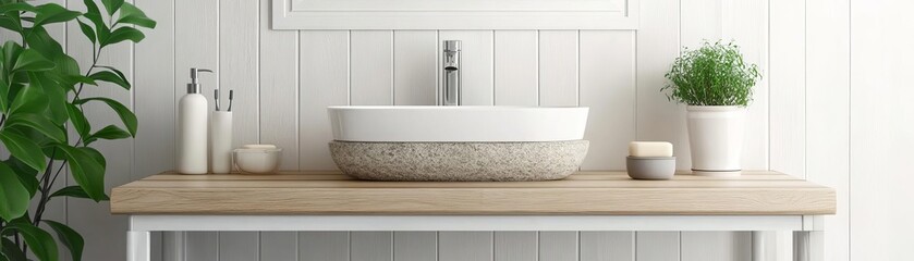 Fototapeta premium White bathroom with natural wood elements and a freestanding stone sink