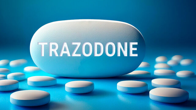 Trazodone pill with the name printed on it, blue background