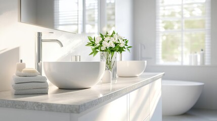White bathroom with polished stone countertops and soft backlighting