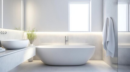 Fototapeta premium White bathroom with polished stone countertops and soft backlighting