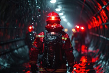 Fototapeta premium There is a fireman walking through a tunnel with a red light