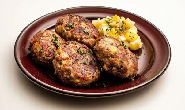 Delicious zrazy meat cutlets stuffed with eggs, mushrooms, and vegetables on a dark red plate with potatoes
