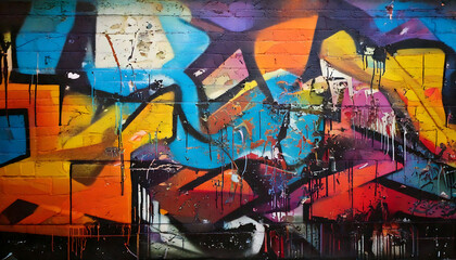 Naklejka premium Vibrant urban street art explodes with color on a brick wall. Bold blues, oranges, and purples create a dynamic, textured backdrop perfect for design projects needing an edgy, modern aesthetic.
