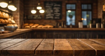 Empty wooden countertop in the foreground in a rustic cafe filled with warm light. Baked goods are displayed in the background, creating a welcoming atmosphere for morning visitors.