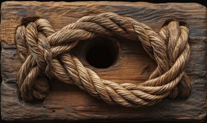 Rope is twisted and knotted, with a hole in the middle. The rope is brown and he is made of natural fibers.