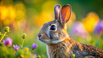 Fototapeta premium Adorable Wild Rabbit Close-Up, Tilt-Shift Miniature Effect, Nature Wildlife