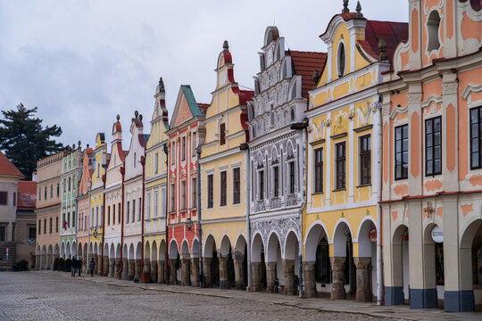 Telc, Czech Republic - January 4, 2025: Cityscape in the city center. Cityscapes of Telc, a historic city in the Czech Republic.
