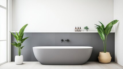 Fototapeta premium White minimalist bathroom with a gray accent wall made of recycled tiles