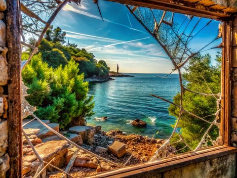 Adriatic Sea Ruin: Macro View of Destroyed Window, Abandoned Kupari Resort, Croatia
