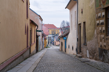 Fototapeta premium Telc, Czech Republic - January 4, 2025: Cityscape in the city center. Cityscapes of Telc, a historic city in the Czech Republic.