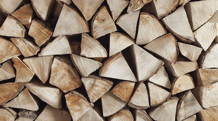 A close-up view of neatly stacked firewood, showcasing the natural textures and grain patterns of the wooden logs. The arrangement highlights a rustic and cozy atmosphere.