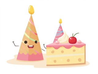 Cartoon Party Hat with Smiling Face and Slice of Cake Isolated on White Background