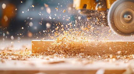 Close-up of wood being cut by a spinning blade, sawdust flying.