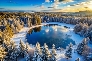 Obraz premium Aerial Drone Shot: Frozen Pond Surrounded by Majestic Pine Trees in Winter Wonderland