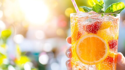 Fototapeta premium Refreshing summer fruit drink with ice, orange, and raspberries in a glass, held by a hand outdoors.