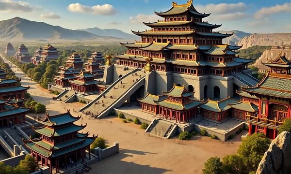 A majestic reimagining of Karakorum, the Mongol Empire's capital, bustling with activity and cultural richness