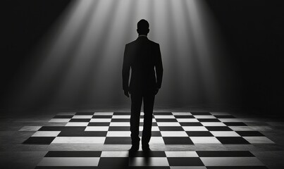 Silhouetted Businessman on Chessboard, Strategic Planning and Leadership