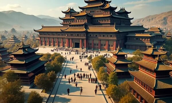 A majestic reimagining of Karakorum, the Mongol Empire's capital, bustling with activity and cultural richness