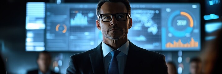 Executive standing confidently in a high-tech control room during a crucial presentation at dusk