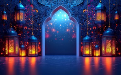 Obraz premium eid mubarak colorful greeting background, blue paper with a vibrant mandala and Ramadan lantern