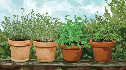 Fototapeta premium A Delightful Display of Fresh Herbs in Terracotta Pots