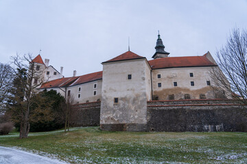 Naklejka premium Telc, Czech Republic - January 4, 2025: Cityscape in the city center. Cityscapes of Telc, a historic city in the Czech Republic.