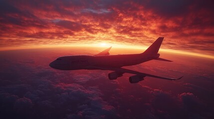 Fototapeta premium Airplane flying above clouds at sunset, showcasing vibrant colors and serene atmosphere.