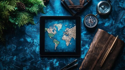 Stylized Flat Lay of a Digital Tablet Displaying a World Map Surrounded by Travel Accessories on a Textured Blue Background