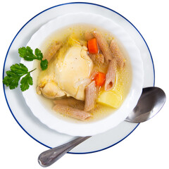 Delicious healthy chicken soup with pasta and carrots. Isolated over white background