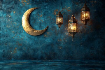 A golden crescent moon adorned with hanging lanterns marks the celebration of Ramadan or Eid al-Fitr