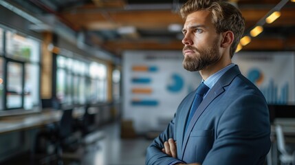 Professional business executive confidently standing in modern office environment with analytical graphs and charts in the background