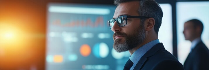 Expert analyst examines data trends in a modern office during a strategic meeting on future growth initiatives