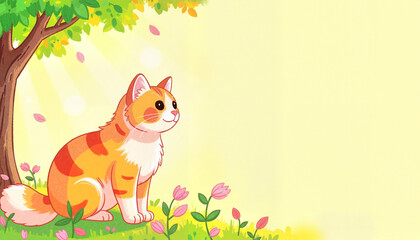 Charming orange cat enjoying sunny meadow, vibrant serenity