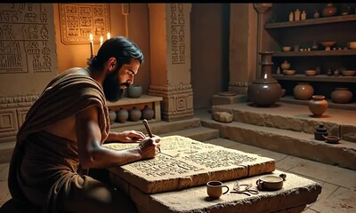 A scribe carving glyphs into a stone tablet in a ceremonial room, showcasing ancient artistry and tradition