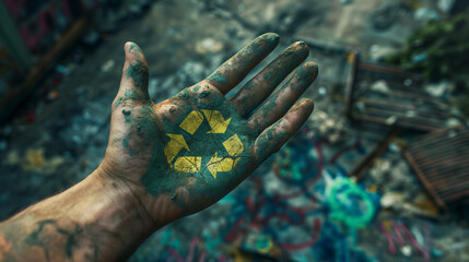 Dirty hand with recycling sign painted on it