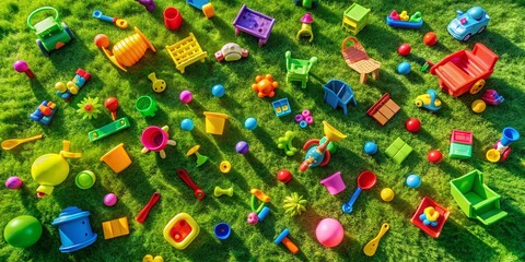 Aerial View Colorful Plastic Toys Scattered on Grassy Lawn