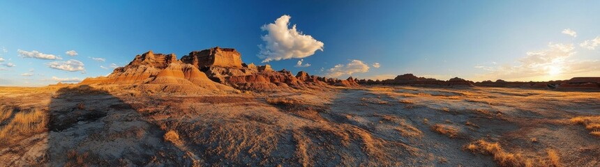 Fototapeta premium Sunset illuminates rugged rock formations in a breathtaking desert landscape
