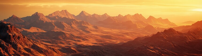 Naklejka premium Majestic mountain landscape bathed in golden sunlight at dusk, highlighting rugged terrain and distant peaks under a serene sky