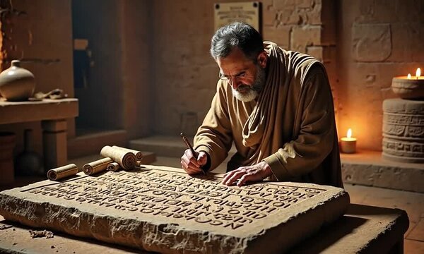 A scribe carving glyphs into a stone tablet in a ceremonial room, showcasing ancient artistry and tradition
