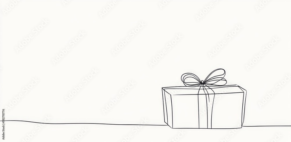 Wall mural A contemporary drawing of a gift box with a ribbon bow, depicted in black line art and isolated on a white background with a decorative ribbon