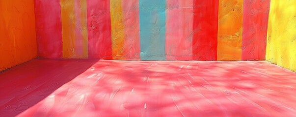 Vibrant Abstract Art Featuring Dynamic Vertical Bands of Color on Wall with Complementary Bright Floor Design Cast in Shadow