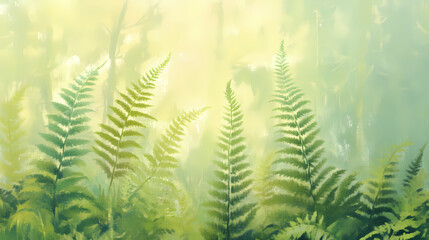 Vibrant green ferns on soft pastel background. Willowlight. Illustration