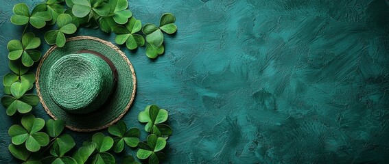 Happy St. Patrick's Day theme featuring a top view of an Irish elf hat, shamrock leaves, and confetti against a green background, with room for text. Suitable for a Saint Patrick’s Day greeting card